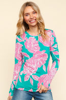 FLORAL FITTED LONG SLEEVE SMOOTH KNIT TOP