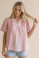 PLUS NOTCH NECK STRIPE FLORAL FLUTTER SHORT SLEEVE TOP