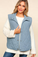 Slat Blue High Neck Sleeveless Snap Button Corduroy Vest