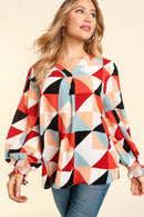 SMOCKED BUBBLE LONG SLEEVE GEOMETRIC WOVEN