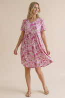 PLUS ROUND NECK SHORT SLEEVE BABYDOLL FLORAL DRESS