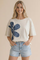 DROP SHOUDLER DENIM FLORAL PATCHWORK SLUB KNIT TOP