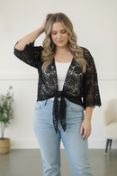 PLUS BLACK CROCHET TIE HEM CARDIGAN