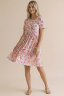 PLUS ROUND NECK SHORT SLEEVE BABYDOLL FLORAL DRESS