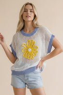 FLOWER EMBROIDERY DOLMAN NETTED SWEATER TOP