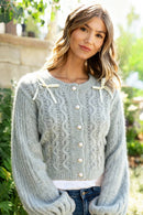 SCALLOP PATTERN RIBBON BOW SWEATER CARDIGAN (Open Pack)
