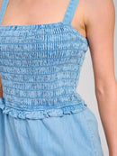 WOMEN'S SLEEVELESS SMOCK FRONT POCKETS DENIM ROMPER