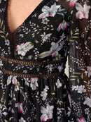 WOMEN'S LONG SLEEVE V-NECK TRIM DETAILED FLORAL PRINT MINI DRESS