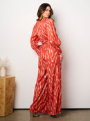 WOMEN'S LONG SLEEVE SURPLICE BELTED PRINT JUMPSUIT