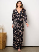 WOMEN'S LONG SLEEVE SURPLICE BELTED PRINT JUMPSUIT