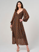 WOMEN'S LONG PUFF SLEEVE SMOCK SURPLICE FLORAL MAXI DRESS