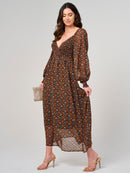 WOMEN'S LONG PUFF SLEEVE SMOCK SURPLICE FLORAL MAXI DRESS