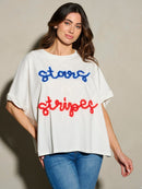 WOMEN'S SHORT SLEEVE SHIMMER STARS & STRIPES PATRIOTIC TUNIC BLOUSE TOP