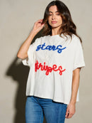 WOMEN'S SHORT SLEEVE SHIMMER STARS & STRIPES PATRIOTIC TUNIC BLOUSE TOP