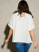 WOMEN'S SHORT SLEEVE SHIMMER STARS & STRIPES PATRIOTIC TUNIC BLOUSE TOP