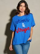 WOMEN'S SHORT SLEEVE SHIMMER STARS & STRIPES PATRIOTIC TUNIC BLOUSE TOP