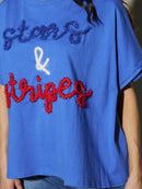 WOMEN'S SHORT SLEEVE SHIMMER STARS & STRIPES PATRIOTIC TUNIC BLOUSE TOP