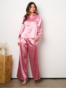 WOMEN'S LONG SLEEVE BUTTON UP TOP & WIDE LEG PANTS SATIN 2PC. SET