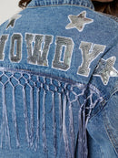 WOMEN'S LONG SLEEVE BUTTON CLOSURE FRINGE HOWDY POCKETS DENIM JACKET