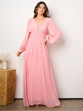 WOMEN'S LONG PUFF SLEEVE V-NECK OPEN BACK MAXI DRESS