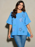 WOMEN'S SHORT SLEEVE STUDS STARS PATRIOTIC TUNIC BLOUSE TOP