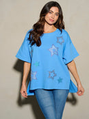 WOMEN'S SHORT SLEEVE STUDS STARS PATRIOTIC TUNIC BLOUSE TOP