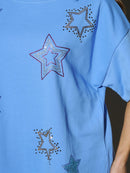 WOMEN'S SHORT SLEEVE STUDS STARS PATRIOTIC TUNIC BLOUSE TOP