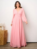 WOMEN'S LONG PUFF SLEEVE V-NECK OPEN BACK MAXI DRESS
