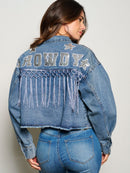WOMEN'S LONG SLEEVE BUTTON CLOSURE FRINGE HOWDY POCKETS DENIM JACKET