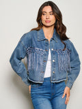 WOMEN'S LONG SLEEVE BUTTON CLOSURE FRINGE HOWDY POCKETS DENIM JACKET