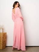 WOMEN'S LONG PUFF SLEEVE V-NECK OPEN BACK MAXI DRESS