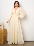 WOMEN'S LONG PUFF SLEEVE V-NECK OPEN BACK MAXI DRESS