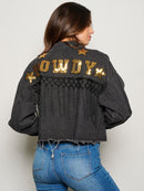 WOMEN'S LONG SLEEVE BUTTON CLOSURE FRINGE HOWDY POCKETS DENIM JACKET