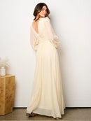 WOMEN'S LONG PUFF SLEEVE V-NECK OPEN BACK MAXI DRESS