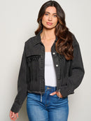 WOMEN'S LONG SLEEVE BUTTON CLOSURE FRINGE HOWDY POCKETS DENIM JACKET