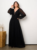 WOMEN'S LONG PUFF SLEEVE V-NECK OPEN BACK MAXI DRESS