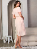 WOMEN'S SHORT SLEEVE POCKETS V-NECK RUFFLE SMOCK MIDI DRESS