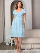 WOMEN'S SHORT SLEEVE POCKETS V-NECK RUFFLE SMOCK MIDI DRESS