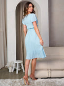 WOMEN'S SHORT SLEEVE POCKETS V-NECK RUFFLE SMOCK MIDI DRESS