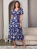WOMEN'S SHORT SLEEVE V-NECK SMOCK FLORAL MIDI DRESS