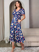 WOMEN'S SHORT SLEEVE V-NECK SMOCK FLORAL MIDI DRESS