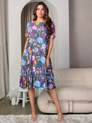 WOMEN'S SHORT SLEEVE TUNIC FLORAL MIDI DRESS