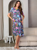 WOMEN'S SHORT SLEEVE TUNIC FLORAL MIDI DRESS