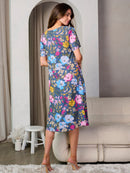 WOMEN'S SHORT SLEEVE TUNIC FLORAL MIDI DRESS