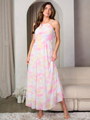 WOMEN'S SLEEVELESS HALTER NECK SMOCK WAIST TIE DYE MAXI DRESS