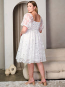PLUS SIZE SHORT PUFF SLEEVE FIT & FLATE EMBROIDERY DETAILED MIDI DRESS