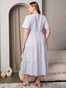 PLUS SIZE SHORT SLEEVE SMOCK POCKETS TIERED MAXI DRESS