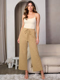 WOMEN'S ELASTIC WAIST POCKETS SELF TIE DETAILED WIDE LEG PANTS