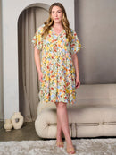 PLUS SIZE SHORT SLEEVE V-NECK FLORAL MIDI DRESS