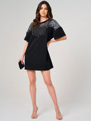 WOMEN'S SHORT SLEEVE SEQUINS DETAILED MINI DRESS